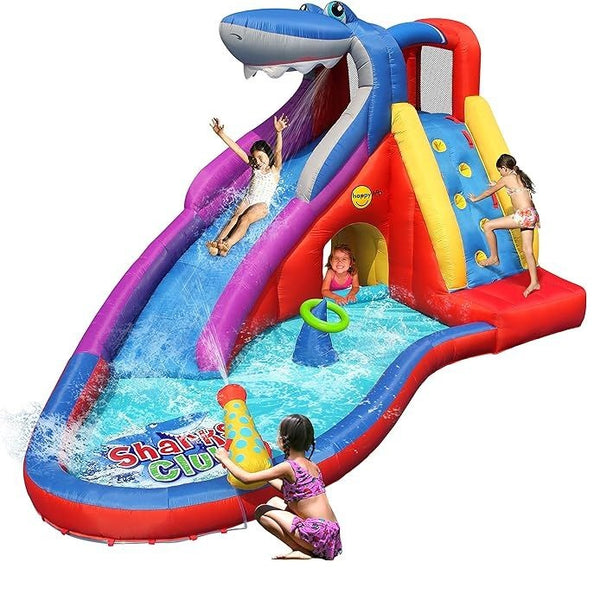 Shark Club Slide, Happy Hop Shark Slide, Inflatable shark bouncer, Kids water slide, Shark-themed bounce house, Inflatable slide for kids, Backyard water play,منزلق القرش من هابي هوب, زحليقة هوائية للأطفال, نطاط بقلعة على شكل قرش, منزل نطاط بالماء